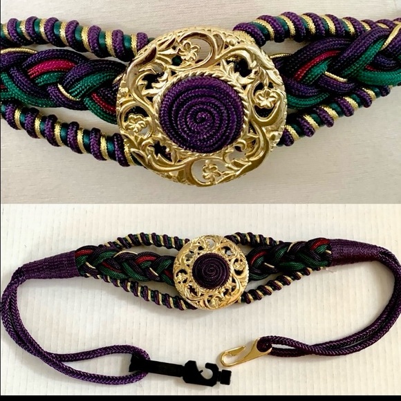 vintage 80’s 90’s statement belt stretch braided Jewel tones Purple Green Gold - Picture 1 of 10